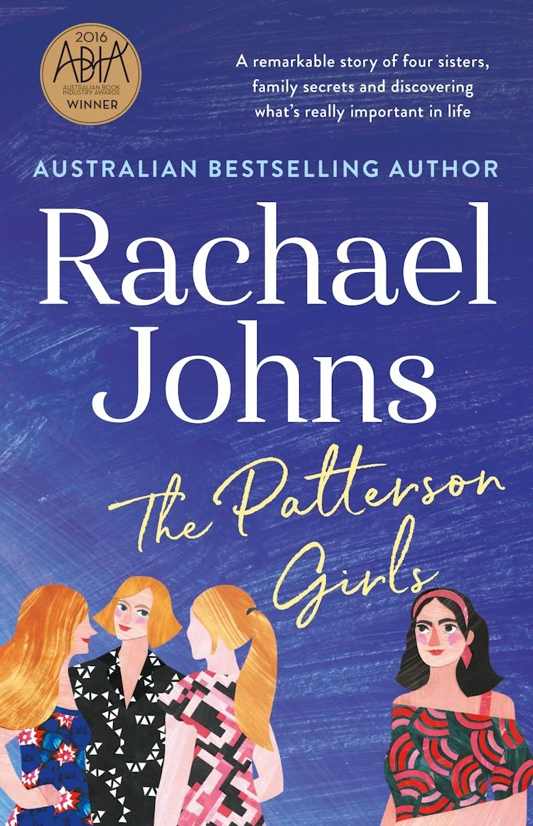 Book cover for 'The Patterson Girls' by Rachael Johns, featuring an illustration of four girls with varying hair colors and styles, set against a blue background with an award badge in the top left corner.