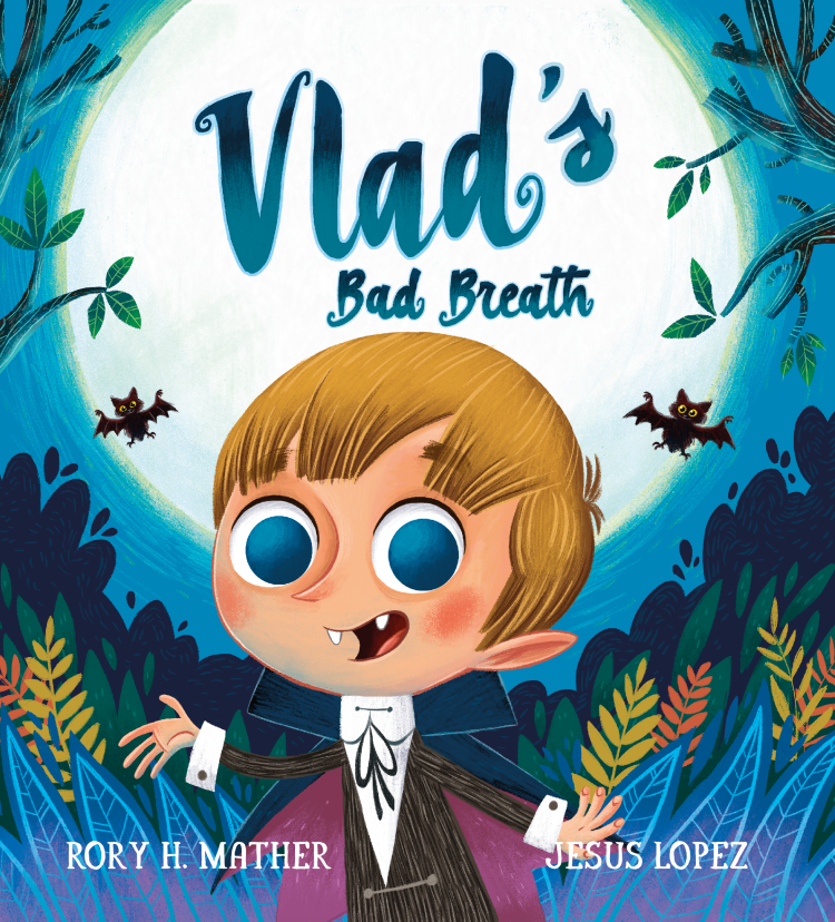 Cover of a children's book titled 'Vlad's Bad Breath,' featuring a cartoon vampire with large blue eyes, pointy ears, wearing a black cape with a white shirt and black vest, surrounded by colorful foliage and flying bats in a spooky scene.