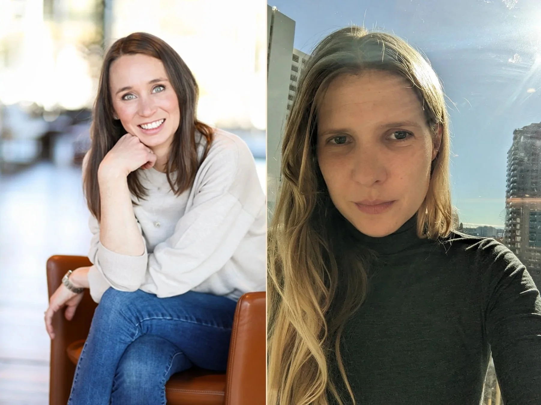 Side-by-side photos of a woman; on the left, an indoor portrait with a blurred background, white top, and brown hair, smiling and resting her chin on her hand; on the right, an outdoor selfie with clear skies and buildings behind her, wearing a black top with long, wavy blonde hair.