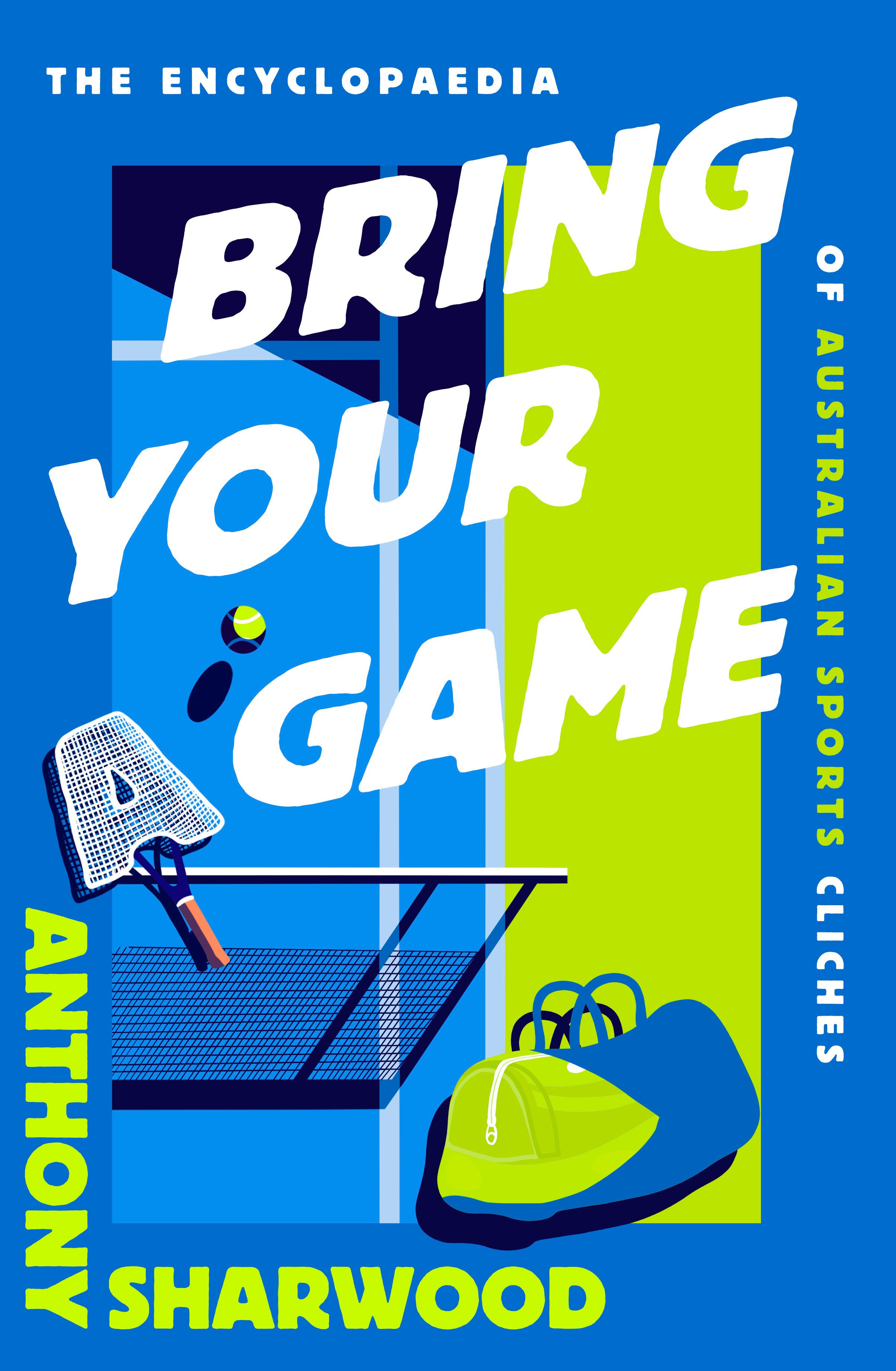 Cover of a sports encyclopedia titled 'The Encyclopaedia of Australian Sports' by Sharwood, featuring a table tennis racket and ball, a tennis ball with a shadow, a tennis net, and a sports bag, with a vibrant blue, green, and black color scheme.