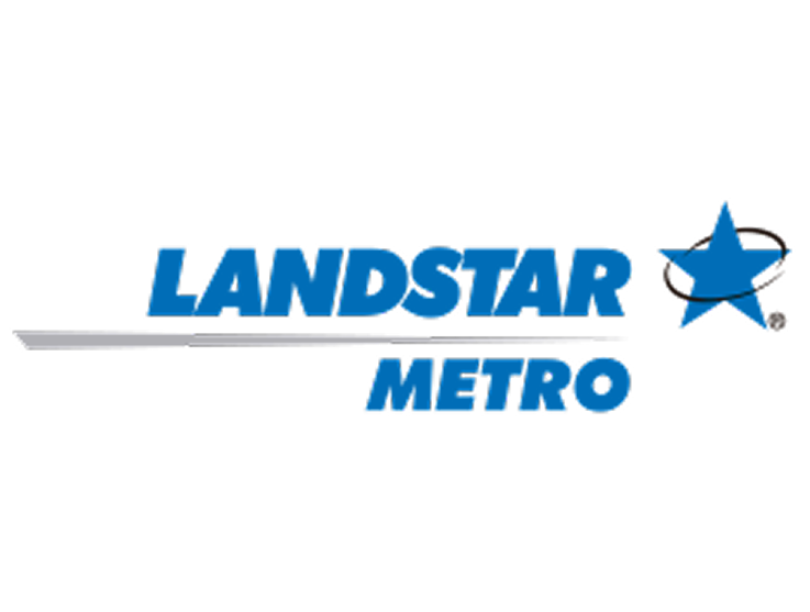 Logo de Landstar Metro, con letra en azul y una estrella con un círculo alrededor en la esquina.