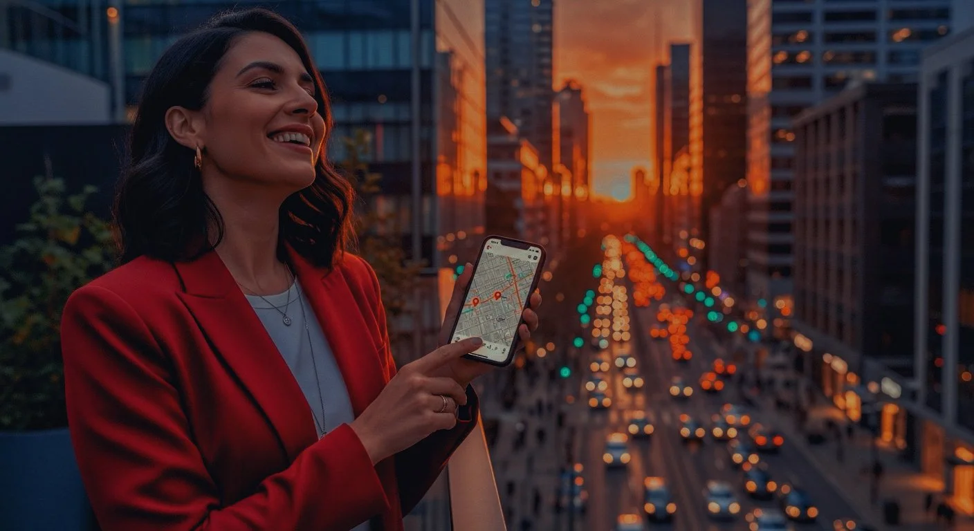 Mujer sonriendo con chaqueta roja usando un teléfono inteligente con un mapa en una ciudad al atardecer.