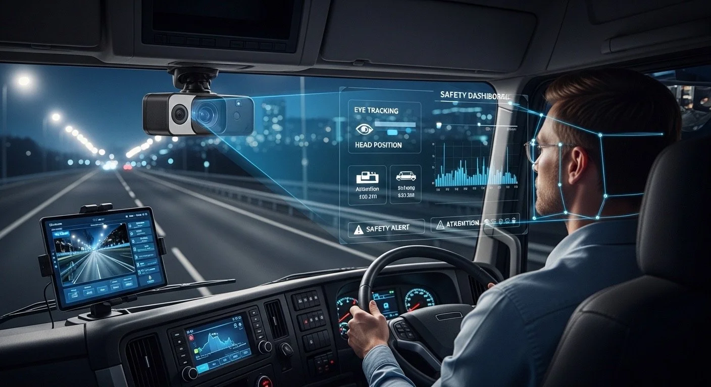 Conductor en un camión manejando en una carretera de noche, con una interfaz de realidad aumentada que muestra datos de seguridad y seguimiento ocular en el parabrisas.
