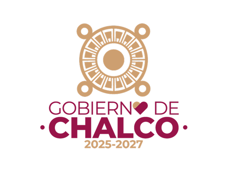 Logotipo del Gobierno de Chalco para el periodo 2025-2027, con un símbolo dorado y texto en morado y dorado.
