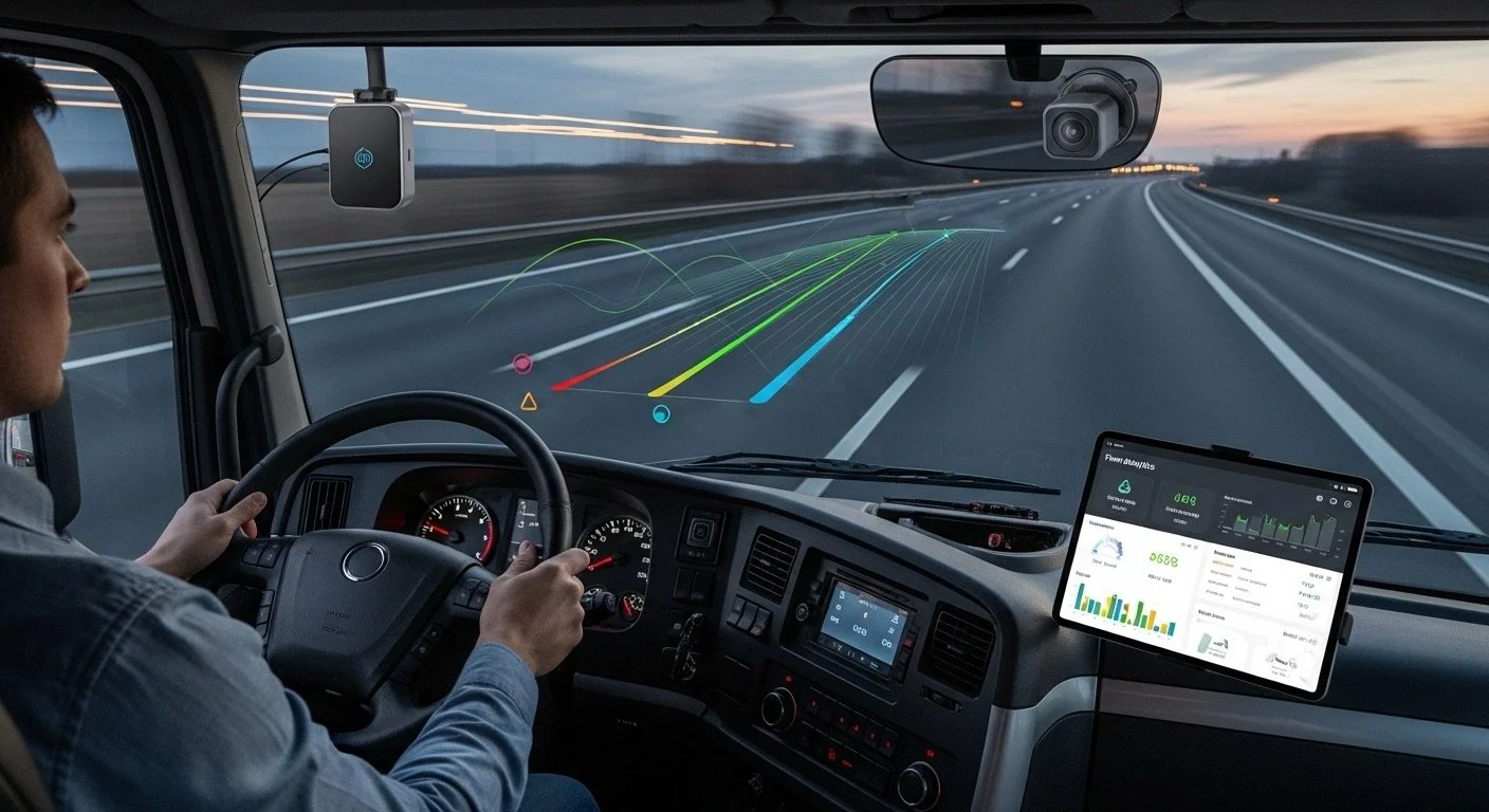Interior de un vehículo en movimiento con un conductor, un sistema de asistencia de conducción proyectado en el parabrisas, y una tableta digital mostrando datos de análisis.