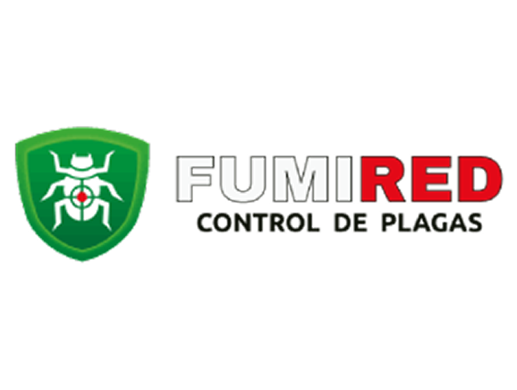 Logotipo de FUMIRED, empresa de control de plagas, con escudo verde con un insecto y texto en colores gris, rojo y negro.