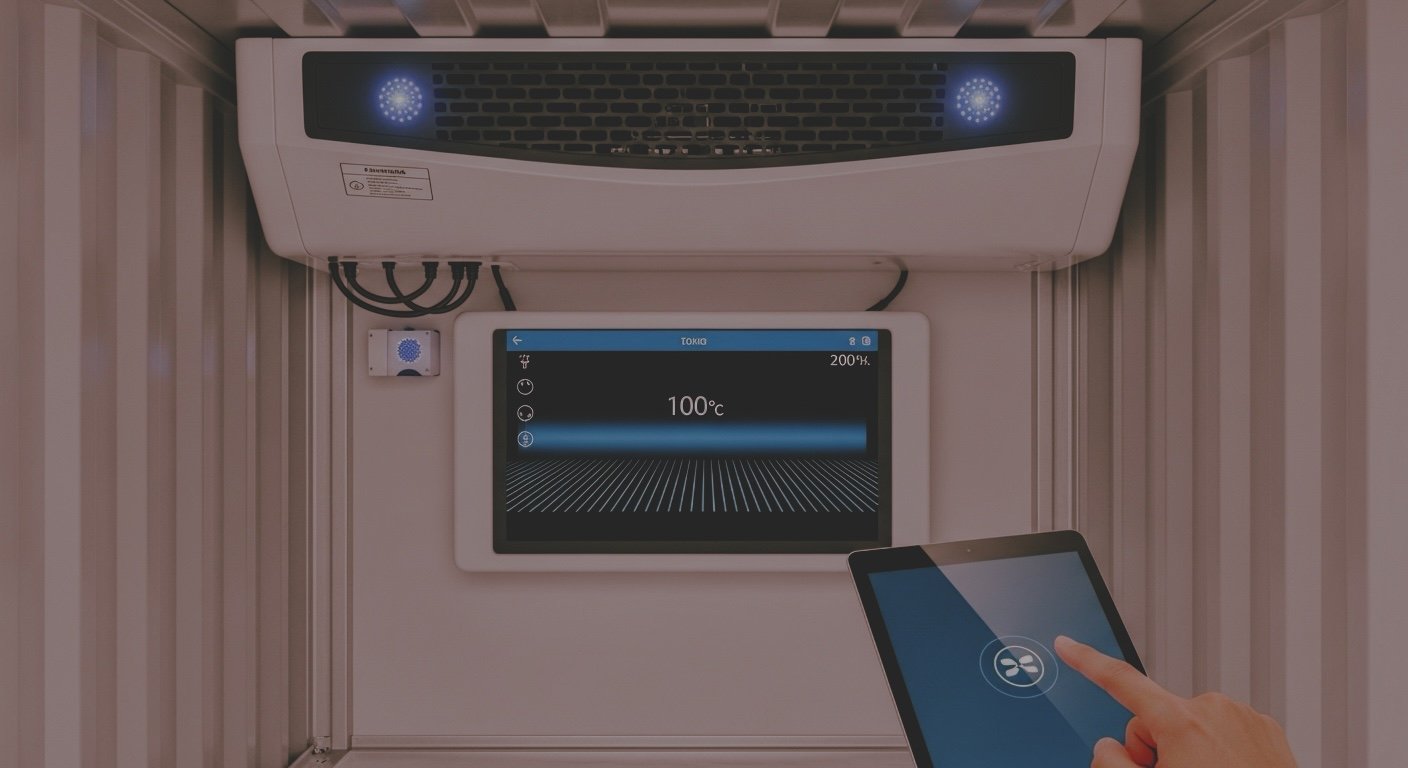 Muestra un sistema de control de temperatura en un entorno de laboratorio o tecnología avanzada, con una pantalla digital que indica 100°C, un panel táctil y componentes electrónicos conectados en una estructura metálica con sistema de enfriamiento.