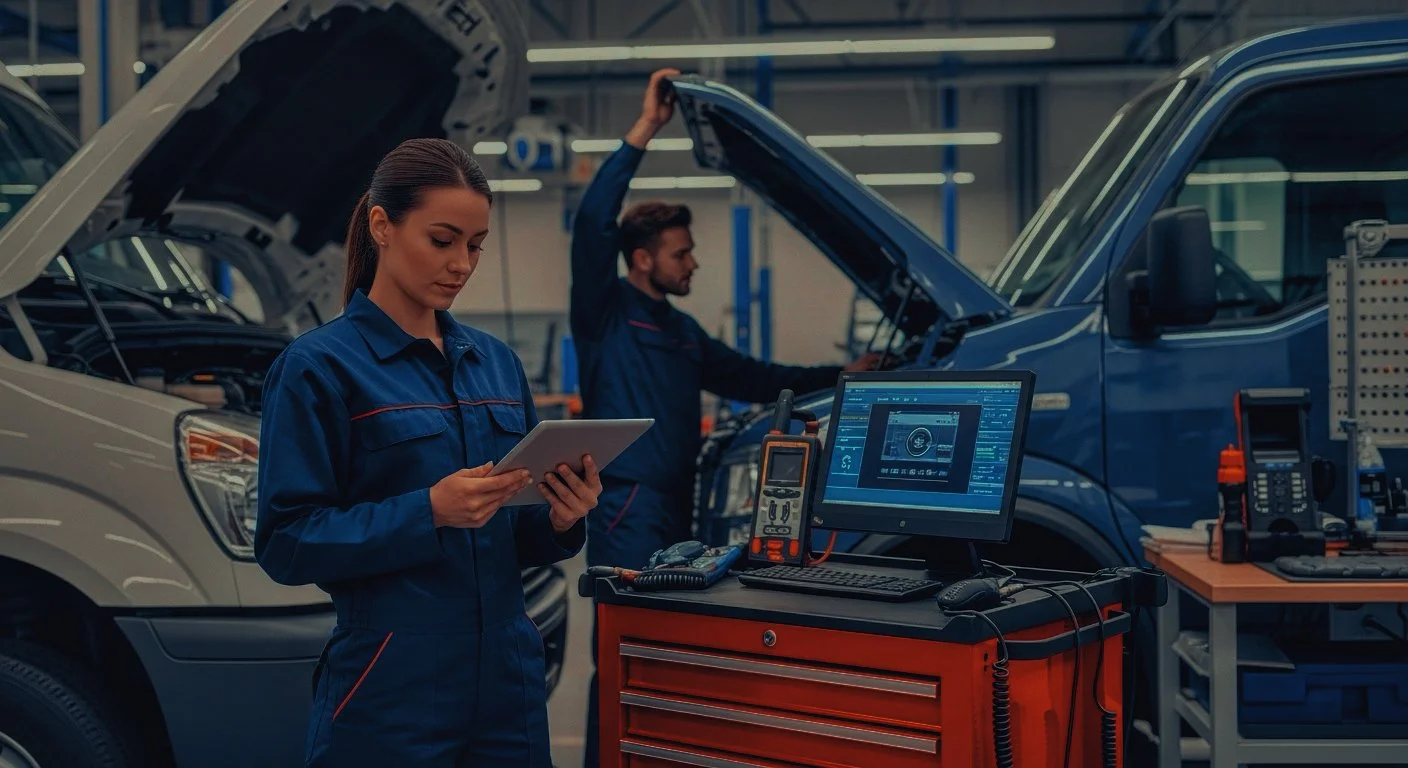 Técnicos revisando autos en un taller de reparación, uno revisando una tableta y otro inspeccionando el motor de un vehículo azul.