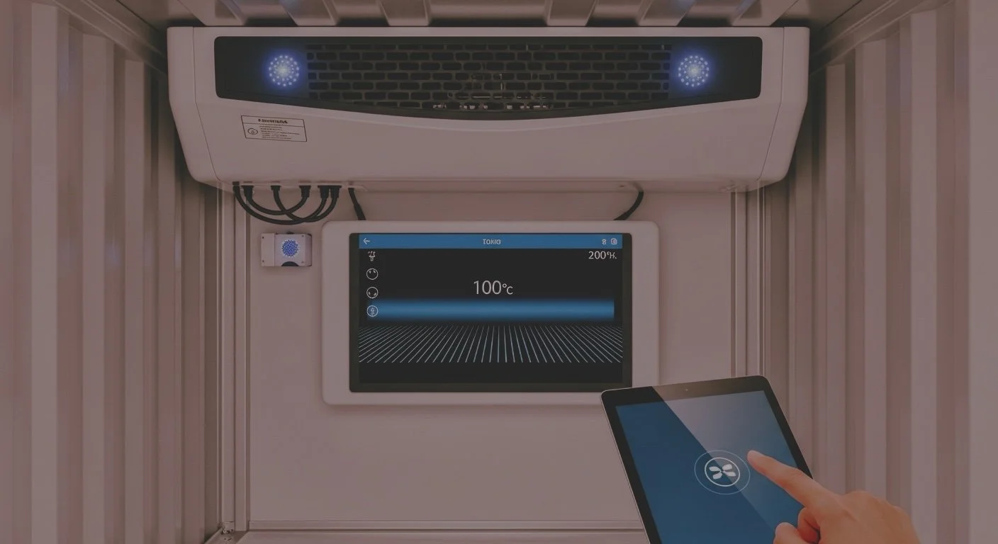 Interfaz digital que muestra 100°C, con una persona controlando mediante una tableta táctil en un entorno técnico.