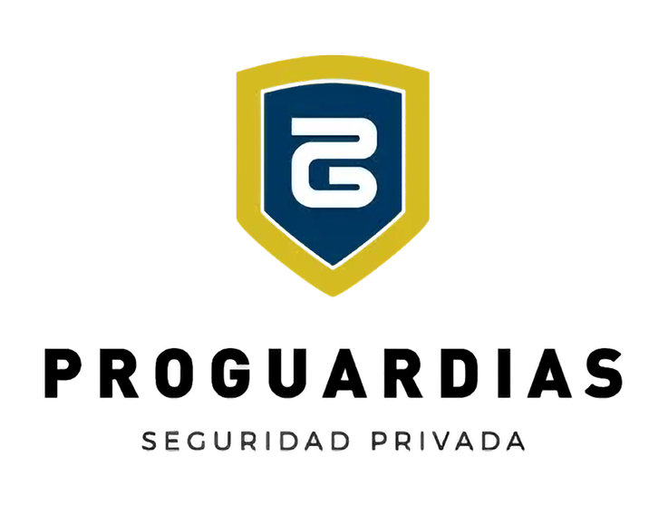 Escudo con la letra 'S' en el centro, rodeado por un marco dorado, con las palabras 'PROGUARDIAS' en negrita y 'SEGURIDAD PRIVADA' debajo.