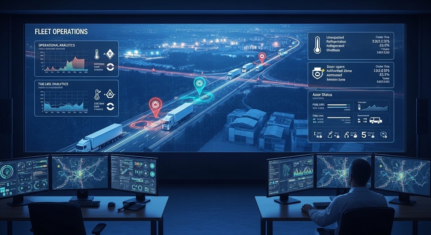 Pantalla con datos y gráficos de operaciones de una flota de camiones en tiempo real, incluyendo estadísticas de análisis, estado del combustible, temperaturas y monitoreo de puertas y zonas autorizadas, con operadores controlando desde múltiples monitores.