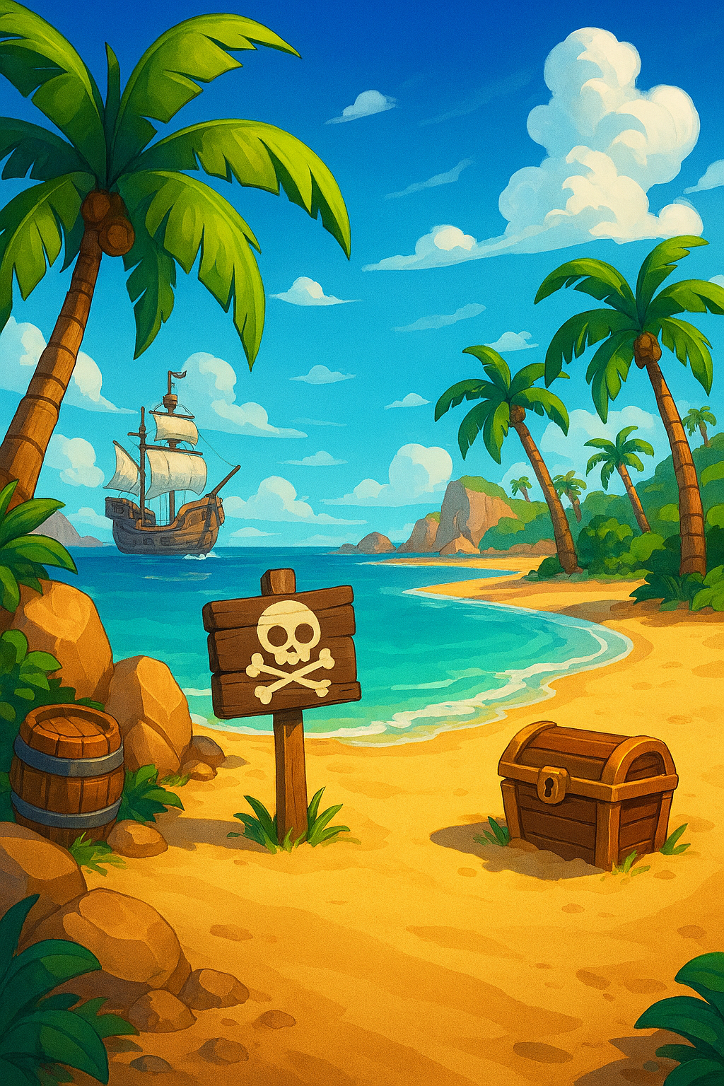 A colorful animecartoon beach. Should look like the opening area of a pirate-themed video game. Wil (1).png