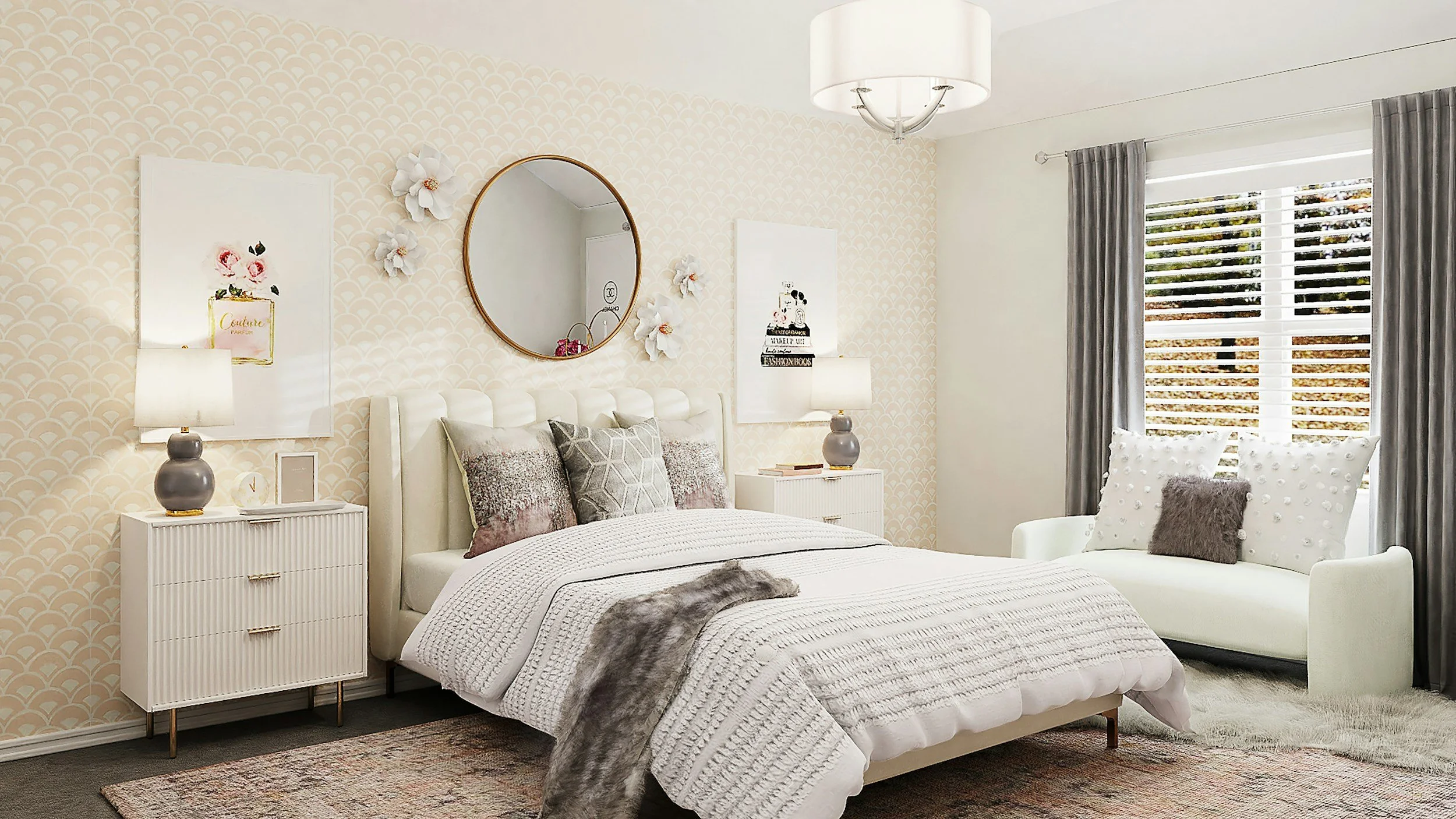 A modern bedroom with a white bed, gray and patterned pillows, matching nightstands with lamps, a white sofa with decorative pillows, large window with blinds and gray curtains, and wall art with a round mirror.