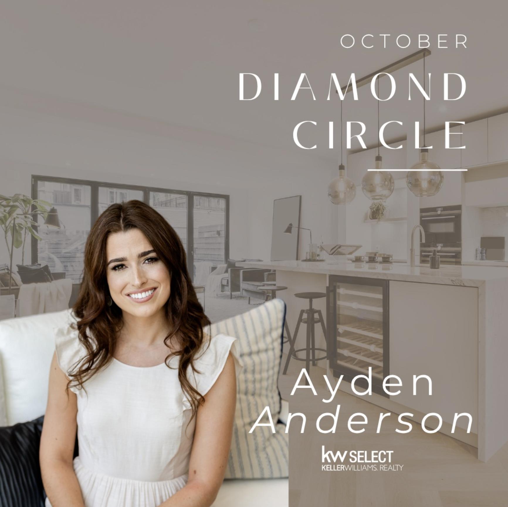 Book cover with a woman sitting on a couch in a modern kitchen, with the title 'October Diamond Circle' and author 'Ayden Anderson'.