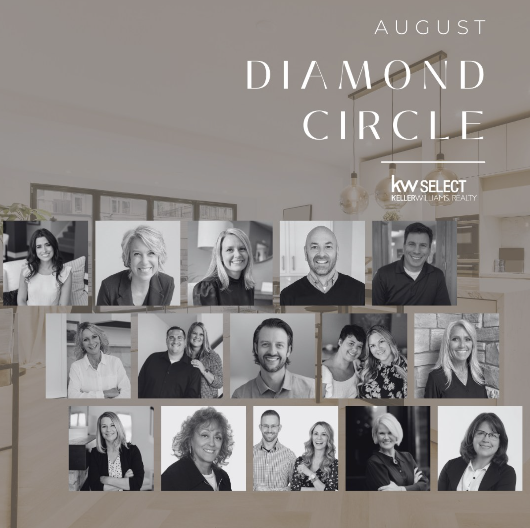 Graphic for Keller Williams Realty featuring a collage of 14 black-and-white headshots of real estate agents with the text 'August Diamond Circle' in large font at the top right.