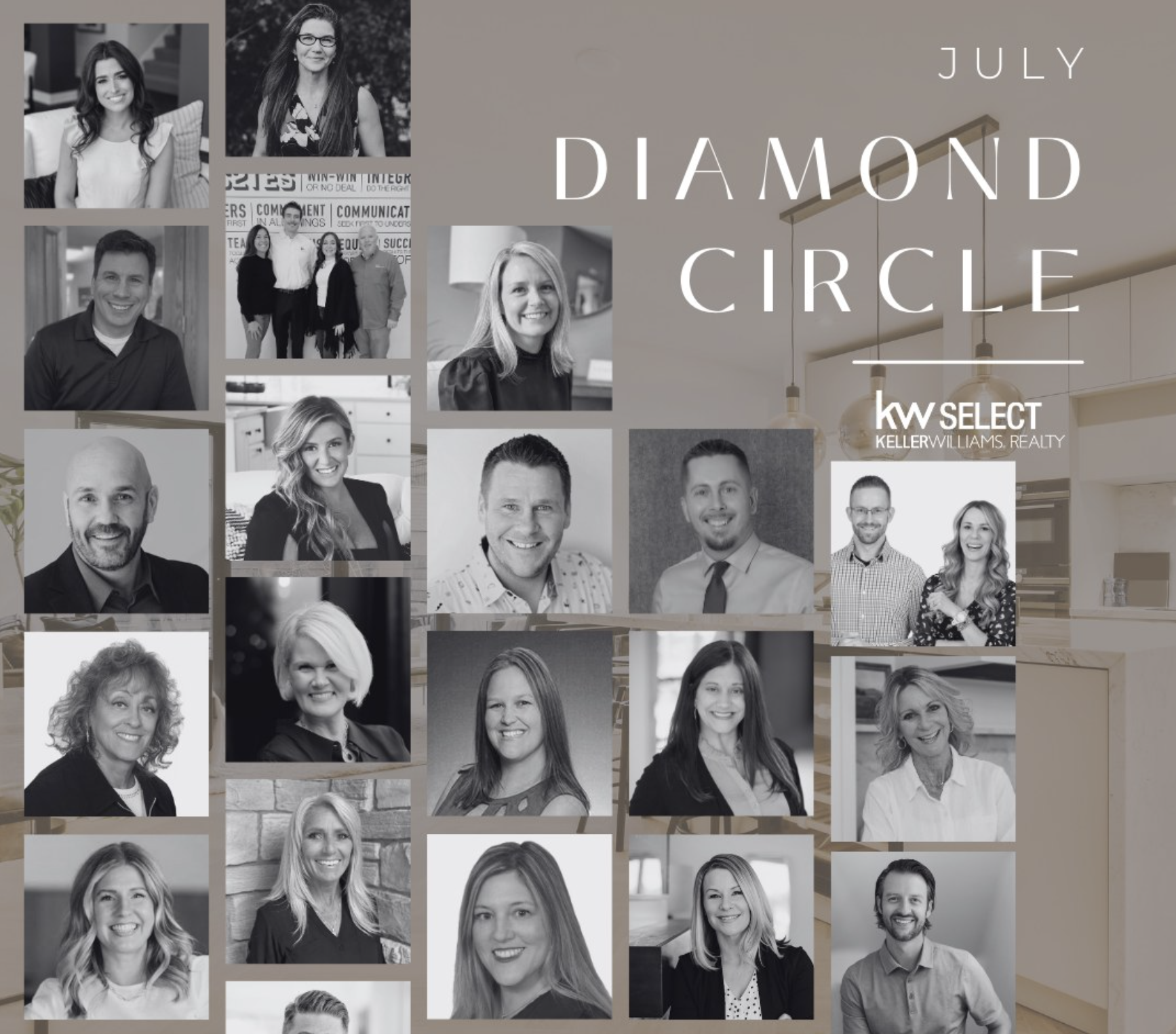 Collage of headshots of real estate agents with text 'July Diamond Circle' and 'KW Select Keller Williams Realty' on a beige background, showing members of a real estate team.