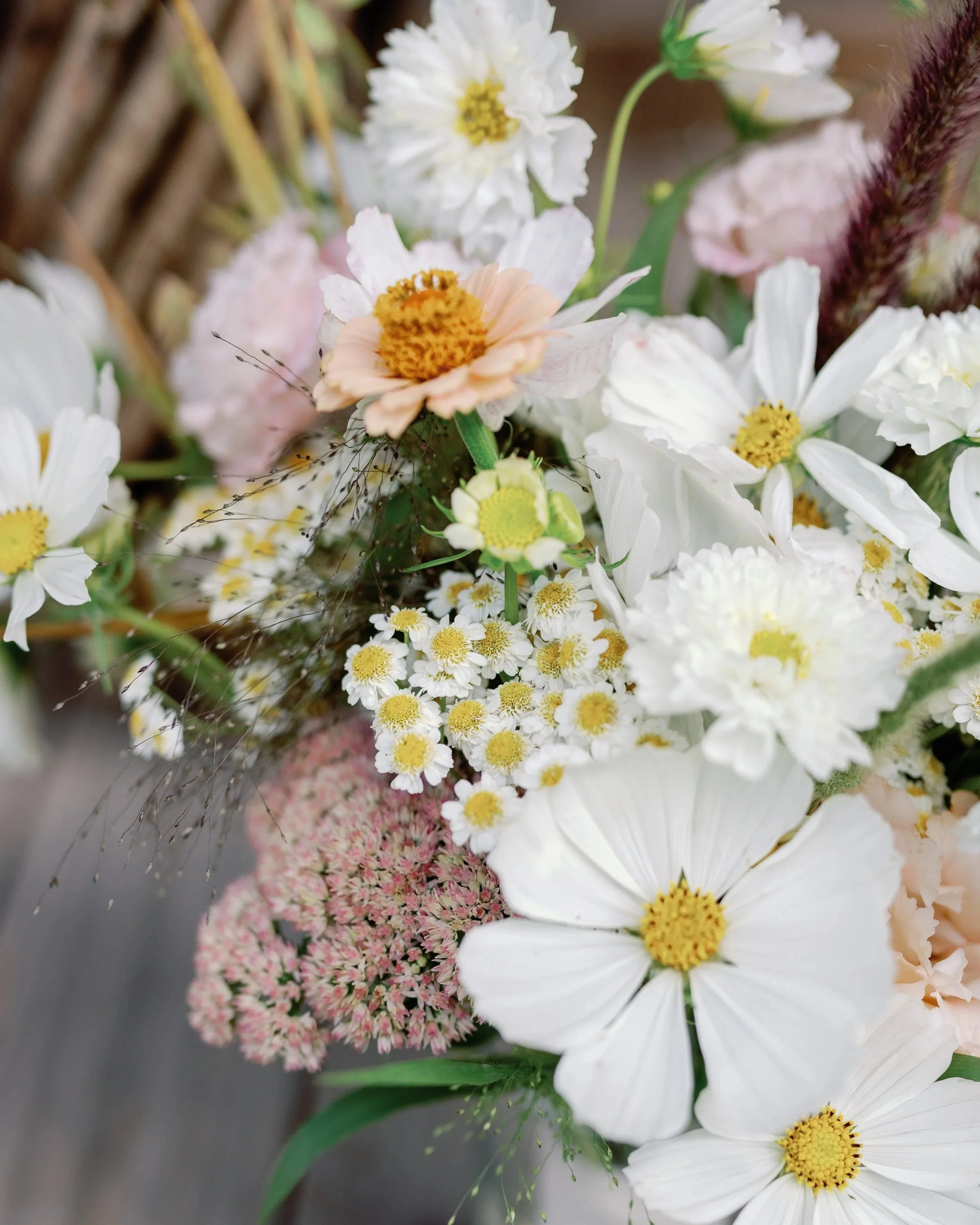 A bouquet of white, pink, and yellow flowers, including daisies, with green leaves and stems.