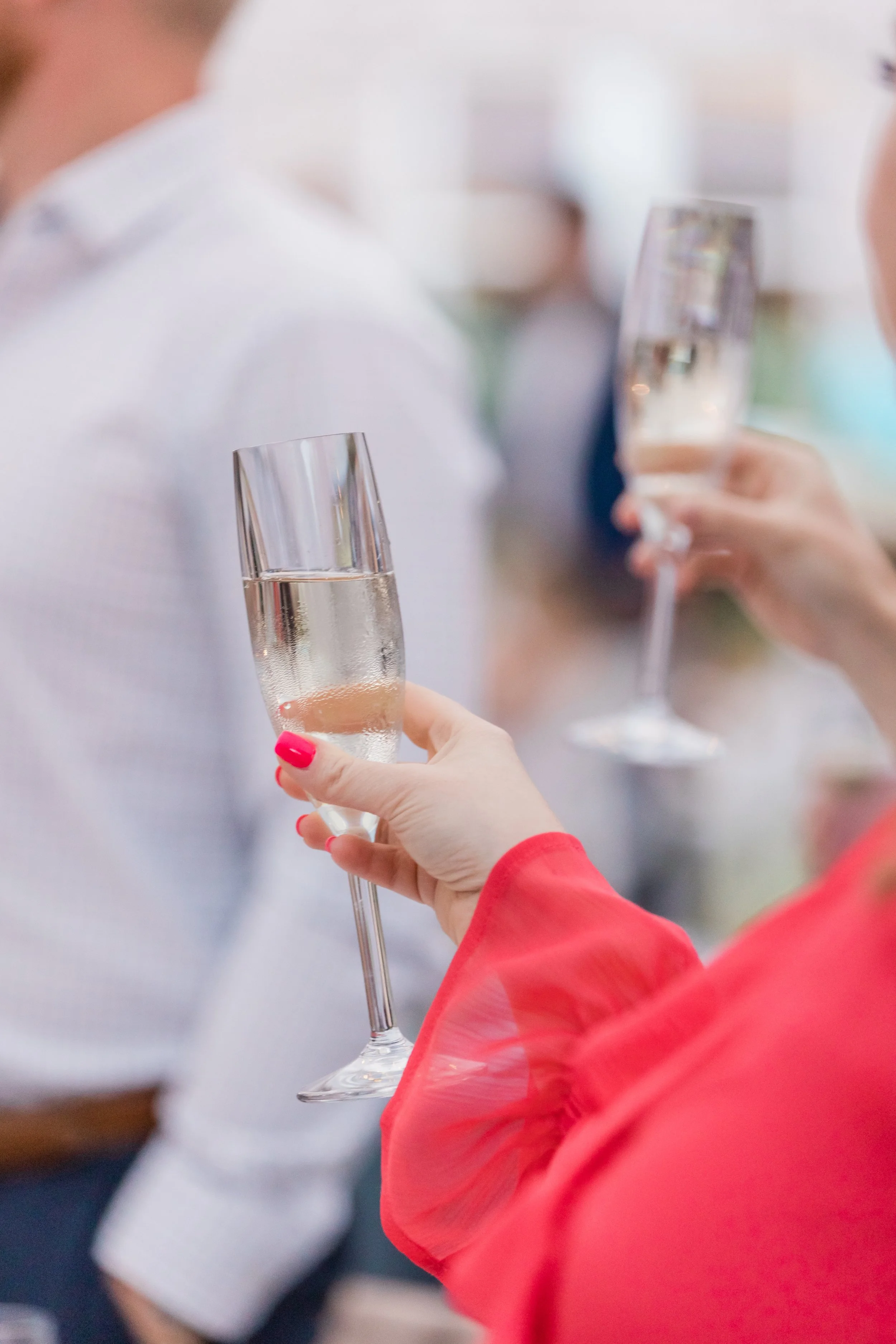 People holding glasses of champagne in a celebratory toast at a social gathering.