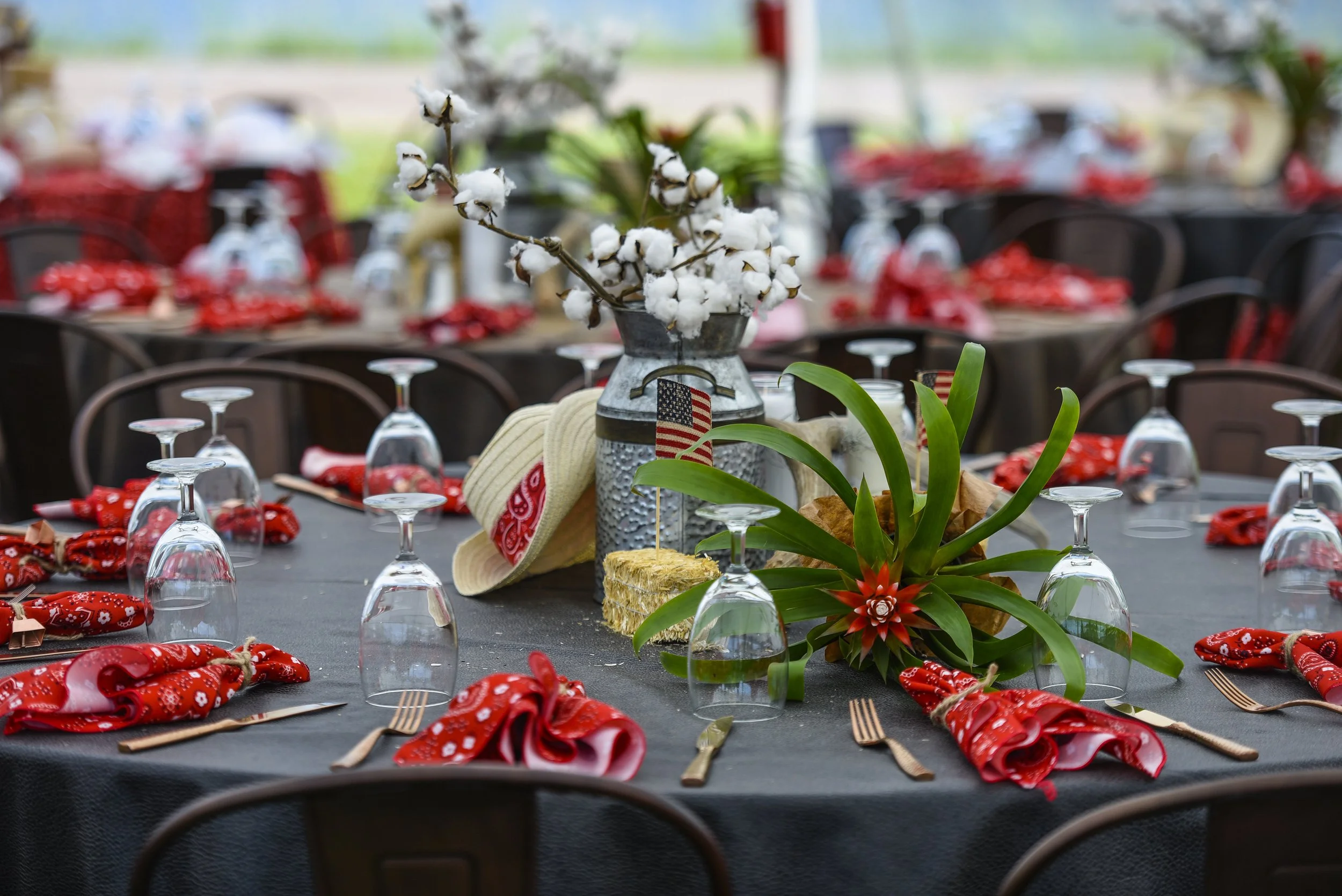 Table setting for a celebration with red bandana napkins, upside-down wine glasses, and patriotic-themed decorations including American flags, a hat with a red bandana, and a centerpiece with cotton branches and green plants.