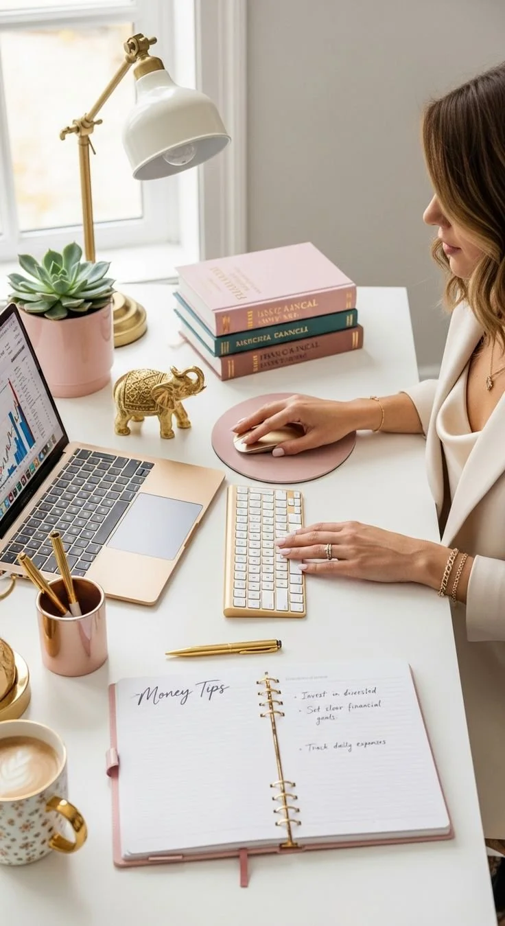 Una donna seduta davanti a un computer portatile con grafici e dati, sulla scrivania ci sono libri, una pianta, una lampada, una tazza di caffè, e una agenda aperta con appunti sui consigli finanziari.