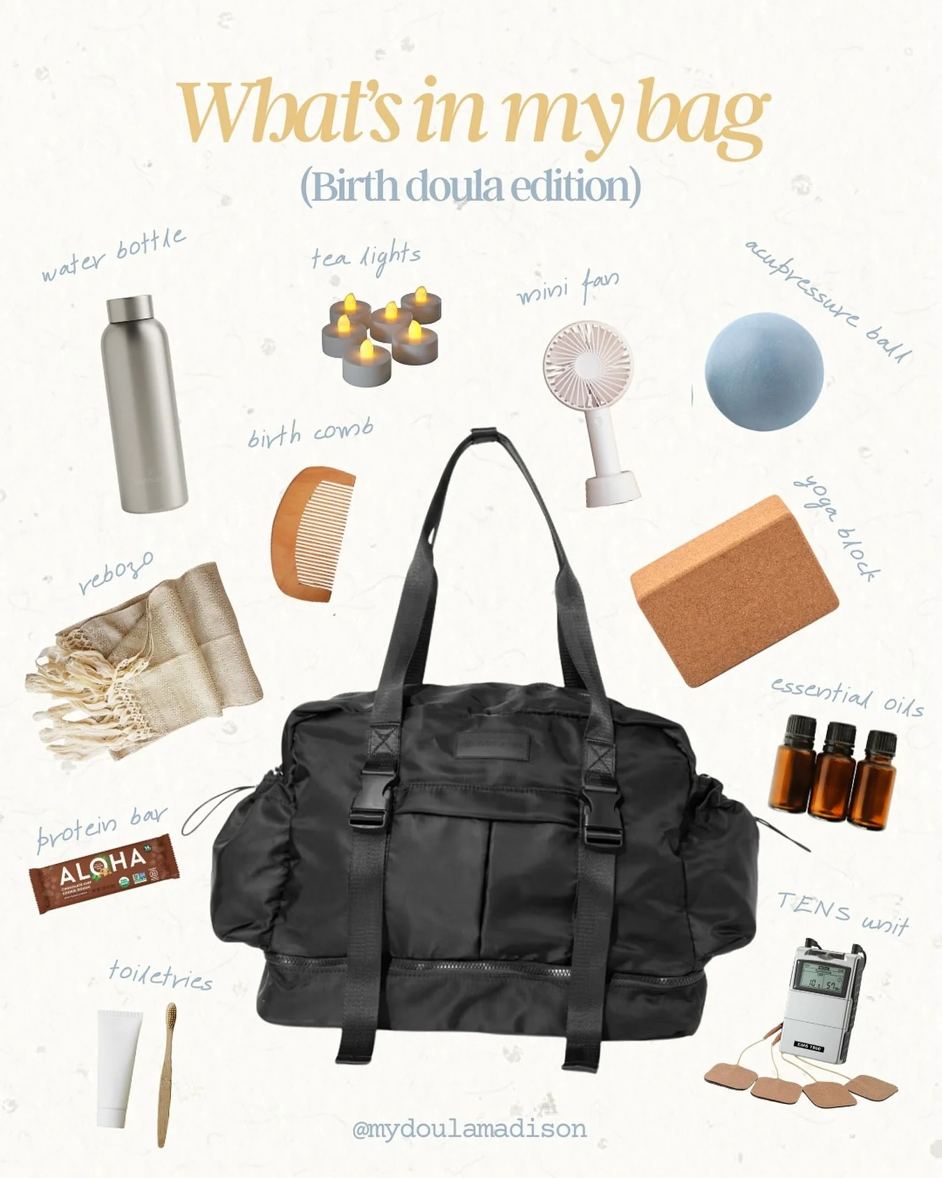 My doula bag is 60% comfort tools for you and 40% self care items for myself. 

Some births we&rsquo;ll experiment with each tool. Some births I don&rsquo;t even unzip my bag. 

But every single birth I use my heart and my hands 🫶🏼