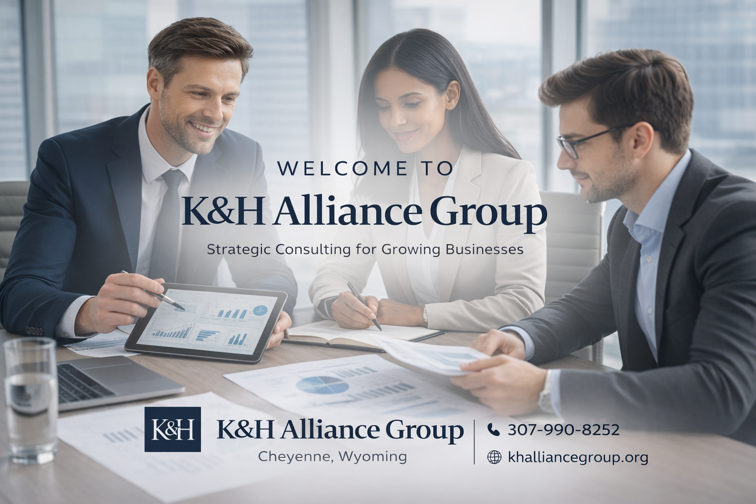 Business professionals in a meeting reviewing documents and a tablet displaying charts in a modern office with large windows.