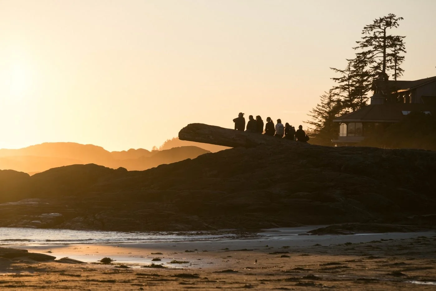 Silhouettes of seven people sitting on a rock ledge overlooking the beach at sunset with trees and houses in the background.