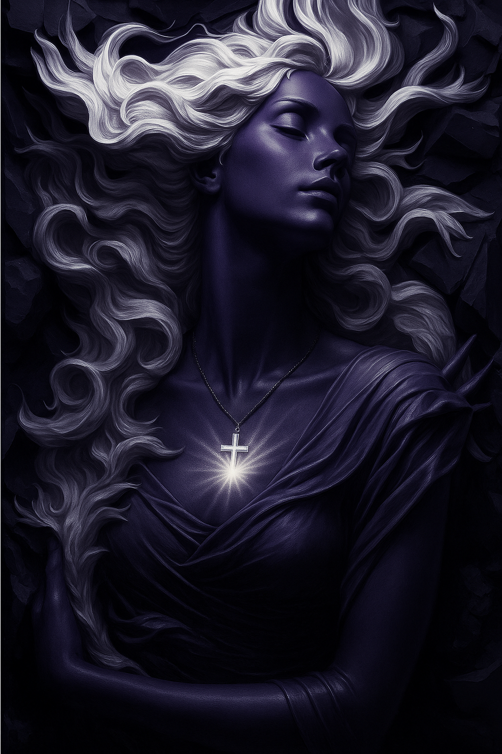 A woman with long, flowing white hair lying on dark surface, eyes closed, wearing a dark dress and a cross pendant necklace with glowing light at the center.