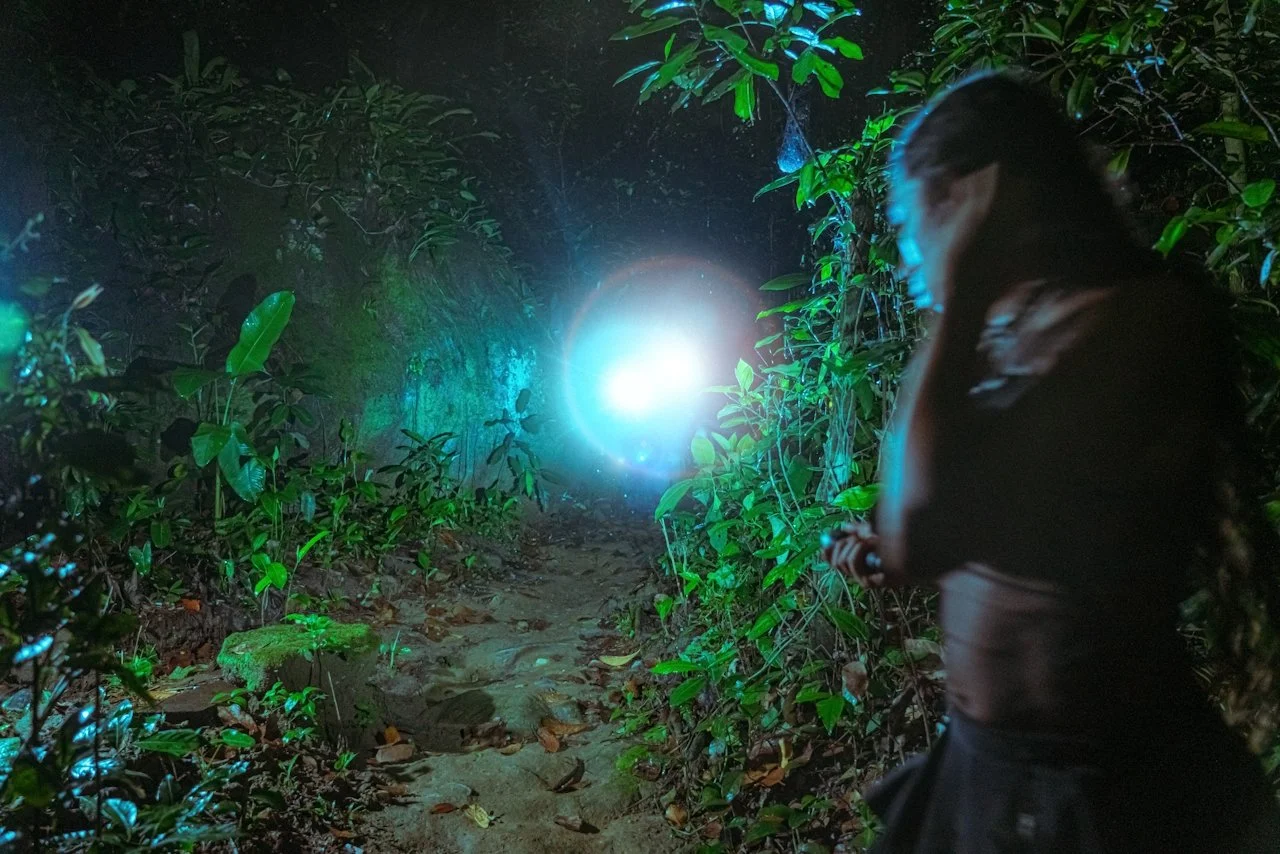 A woman walking through a dark, dense forest at night, illuminated by a bright blue light in the distance.