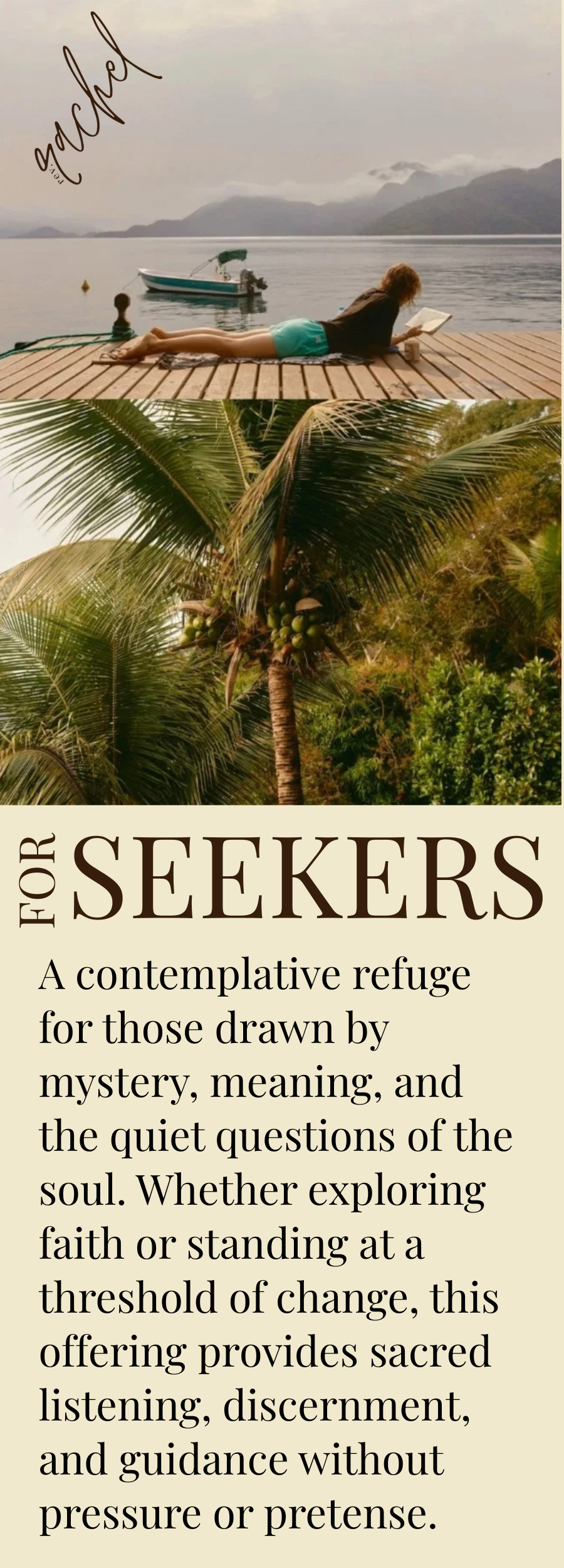 A woman lying on a wooden dock reading a book, overlooking a lake with a boat, surrounded by mountains. A palm tree with coconuts is visible in the foreground.