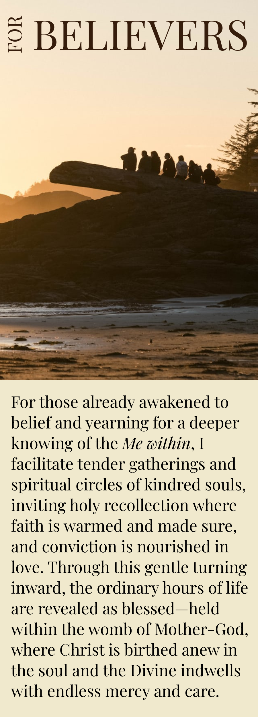 Silhouette of seven people sitting on a rocky ledge at sunset, overlooking water and distant mountains.