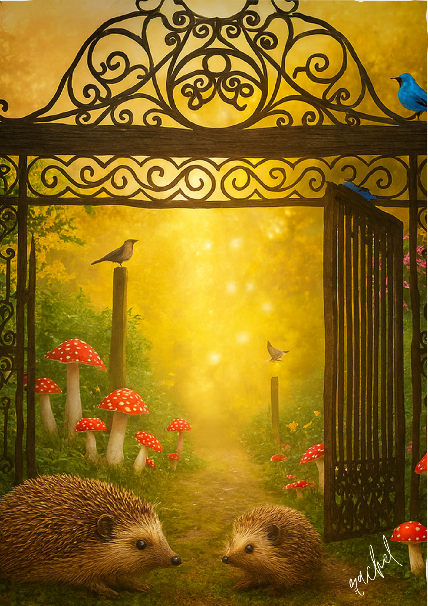 A magical garden scene with a wrought iron gate, red mushrooms with white spots, two hedgehogs in the foreground, colorful birds perched on the gate and flying, lush green foliage, and a glowing yellow background.