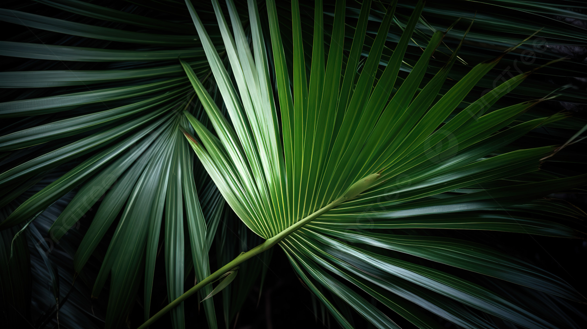 Close-up of green palm leaves with a dark background.