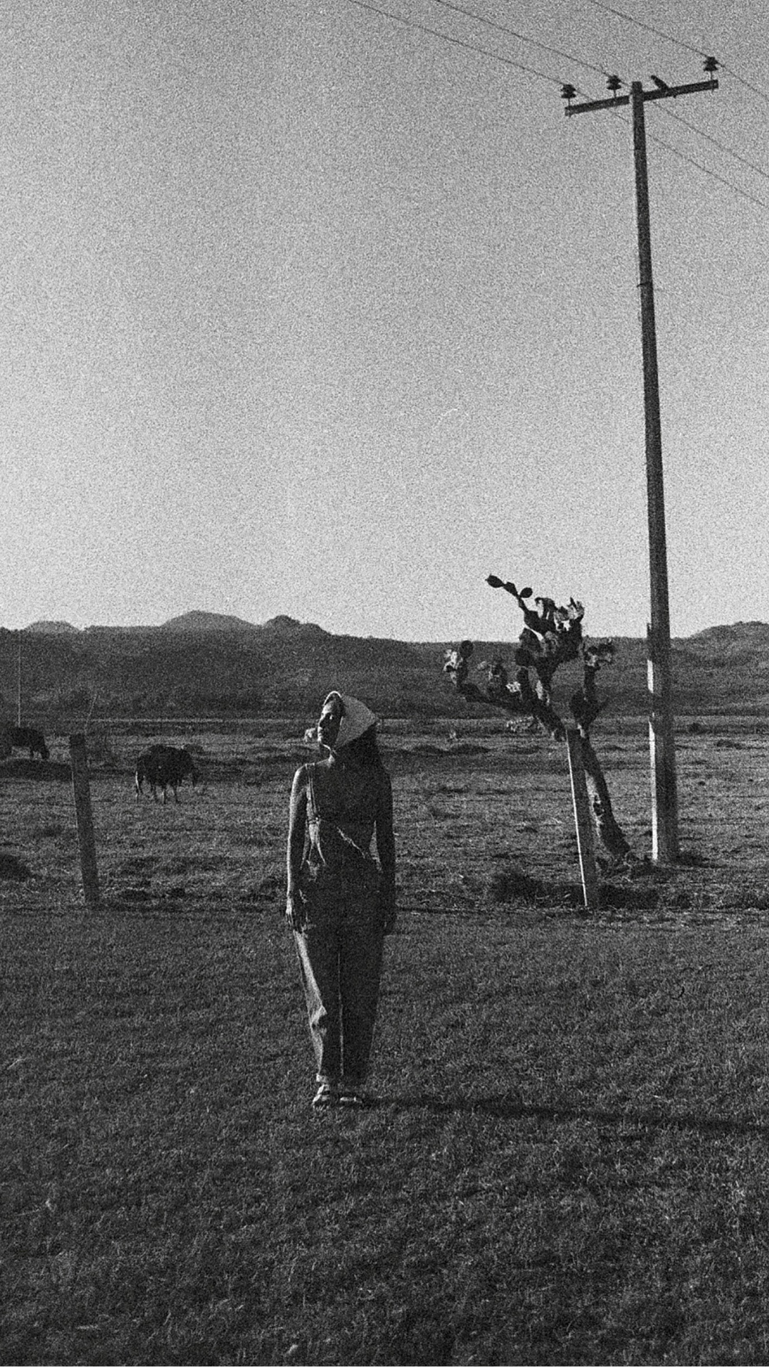 A person walking on a dirt road near a telephone pole with mountains in the background, black and white photo.