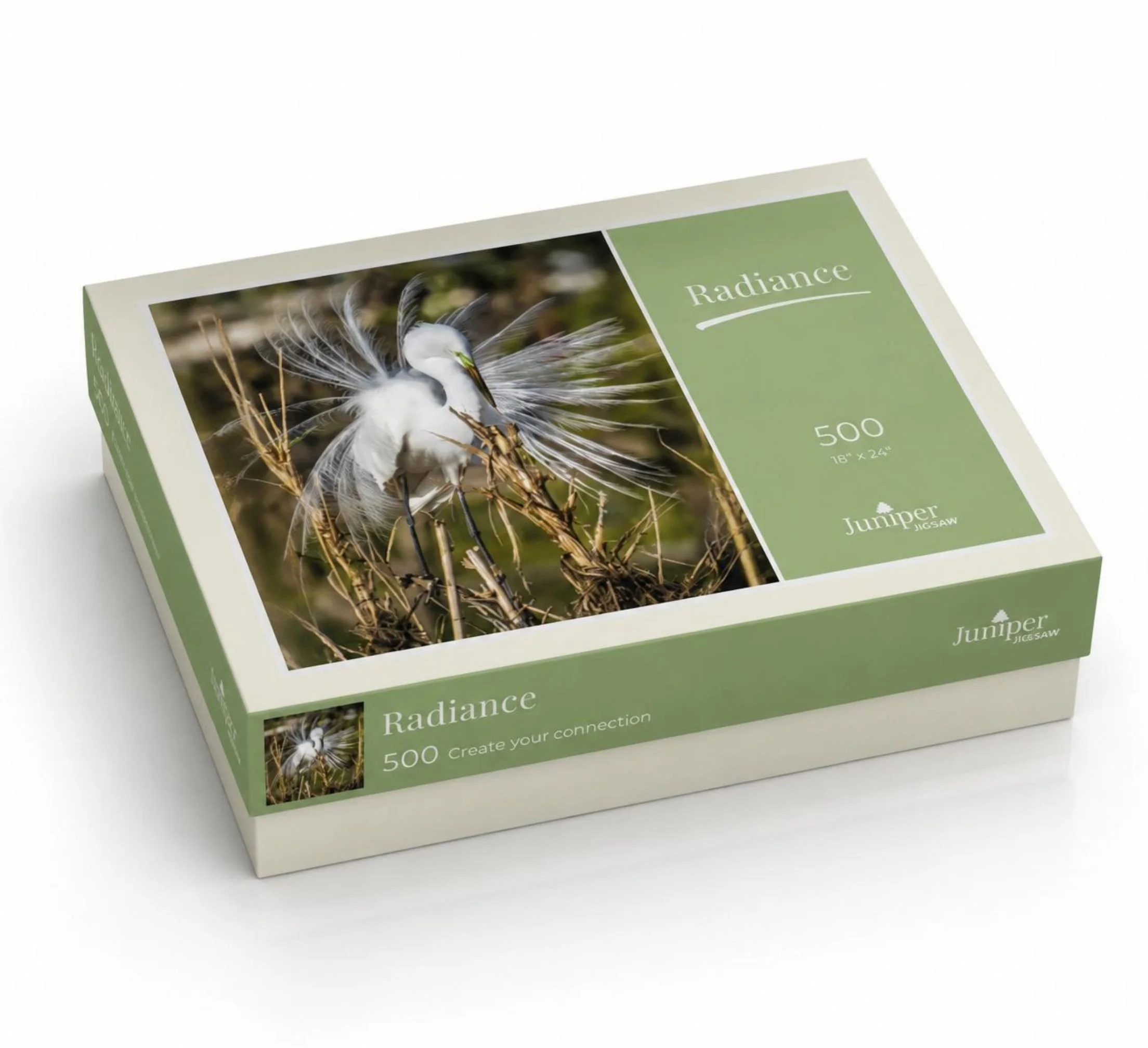 Juniper Jigsaw puzzle box from first collection, highlighting right-size boxing and green design