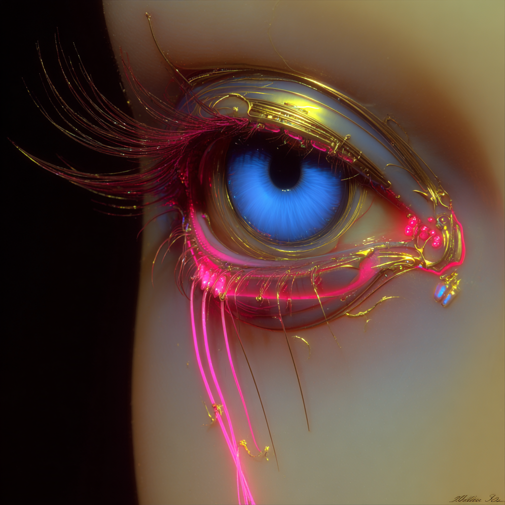 Close-up of a human eye with bright blue iris, surrounded by abstract, glowing pink and gold lines and fibers that resemble neural or artistic patterns.