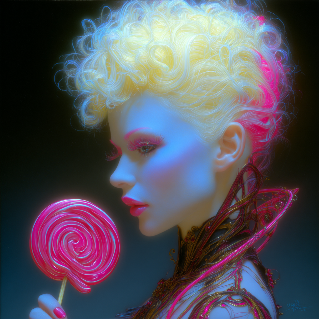 A futuristic, neon-lit portrait of a woman with curly platinum blonde hair, blue and pink glowing makeup, holding a pink and white swirled lollipop, wearing a metallic, abstract outfit with glowing accents.