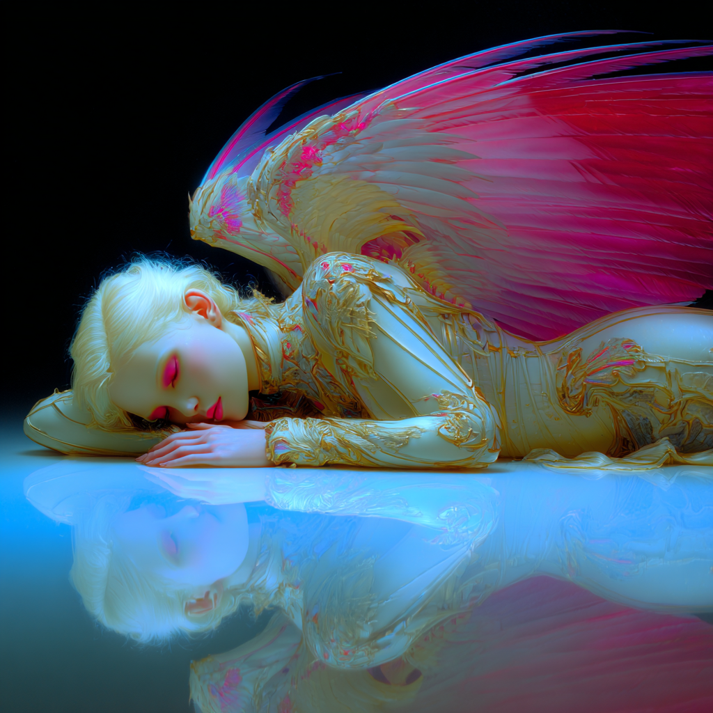 A digital art rendering of a downed angel with platinum blonde hair and large pink and gold wings, lying on a reflective surface with a black background.