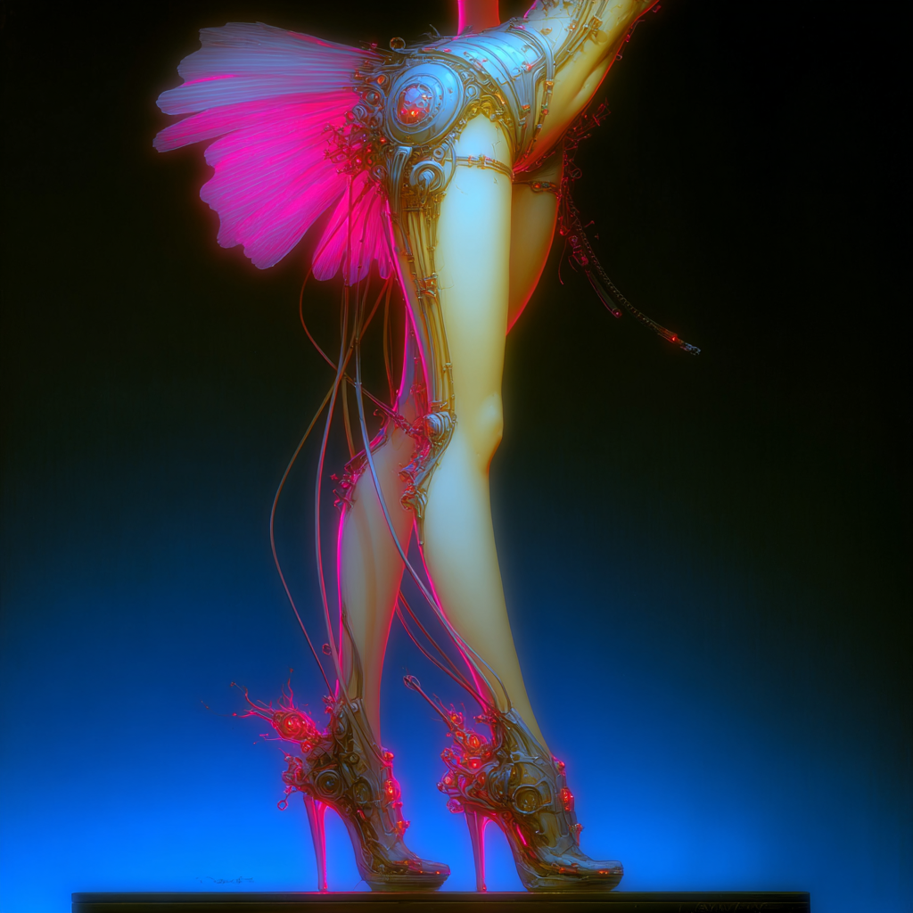 Futuristic digital art of a woman with a robotic body, wearing high heels, with a pink tutu, set against a colorful gradient background.