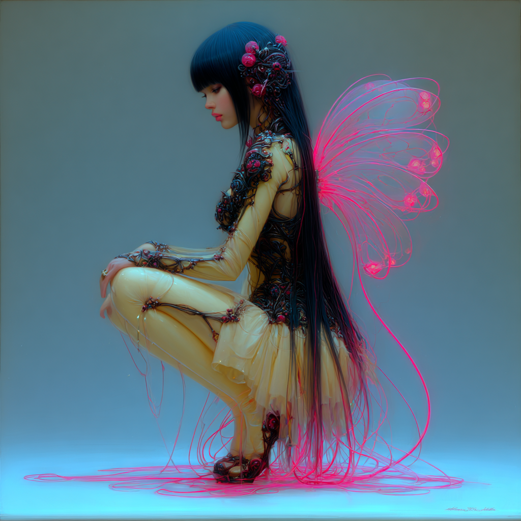 A female mannequin or humanoid figure with long black hair, dressed in a yellow latex outfit with intricate black and red floral designs, squatting with knees bent and head slightly bowed. The figure has glowing pink butterfly-like wings with delicate wire-like patterns extending from its back.