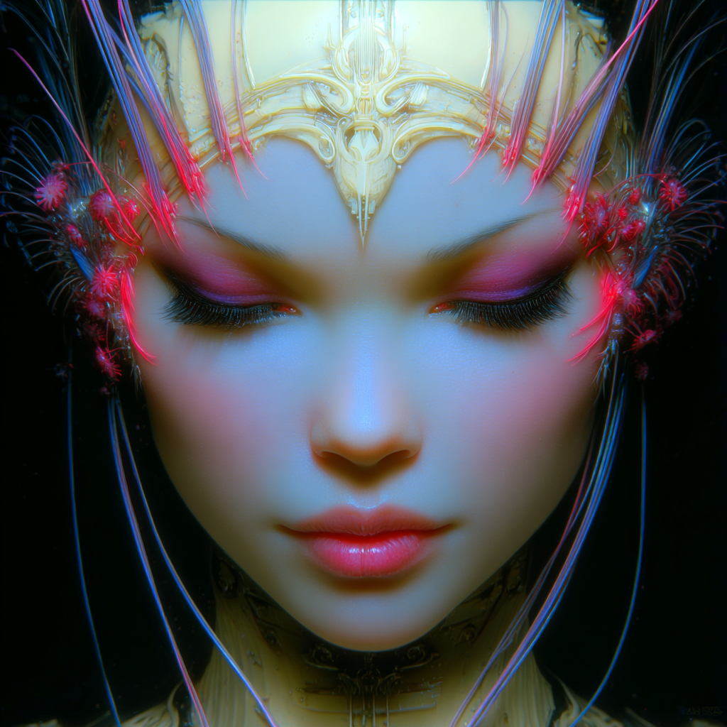 A close-up of a woman's face with intricate golden headgear, closed eyes with purple eyeshadow, and glowing red elements resembling coral or organic structures around her head.