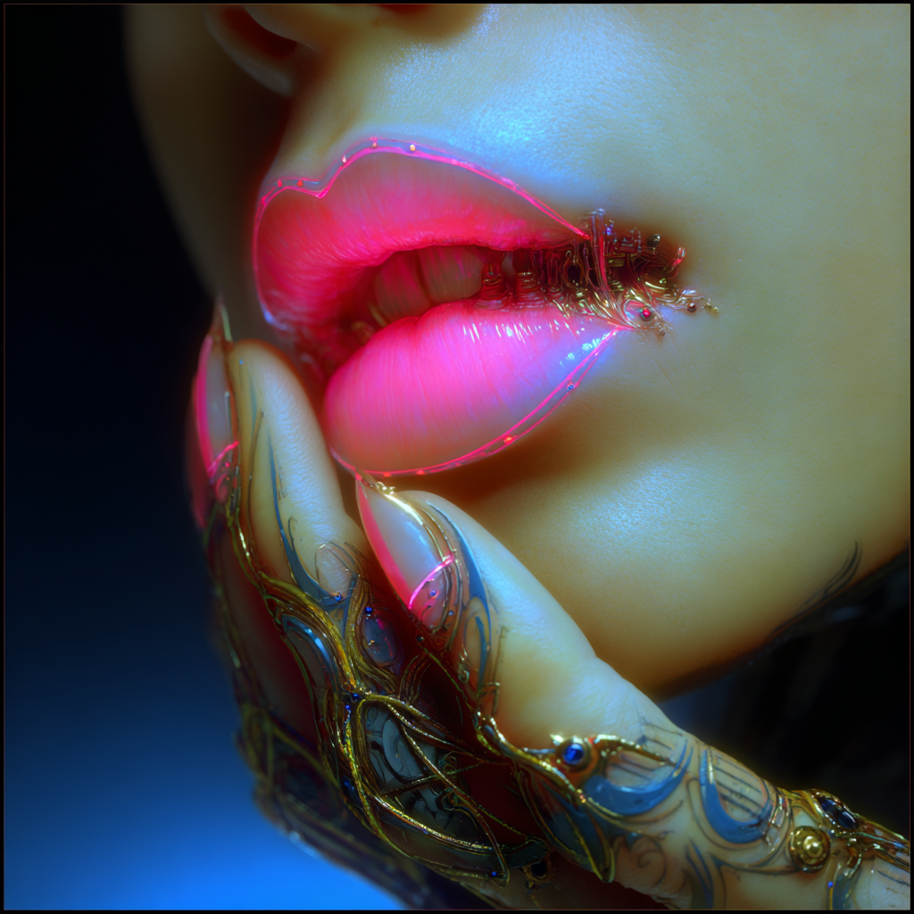 Close-up of a person's lips slightly parted, with colorful reflections and a finger near the lips. The finger is decorated with intricate gold and blue designs.