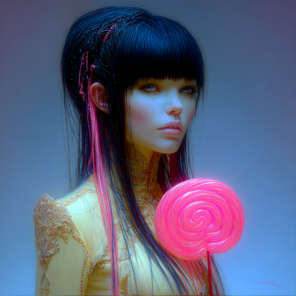 A woman with long black hair and pink streaks, wearing a yellow garment with ornate designs, holds a large pink swirled lollipop. She has light skin and blue eyes, and the background is a gradient of blue and purple hues.