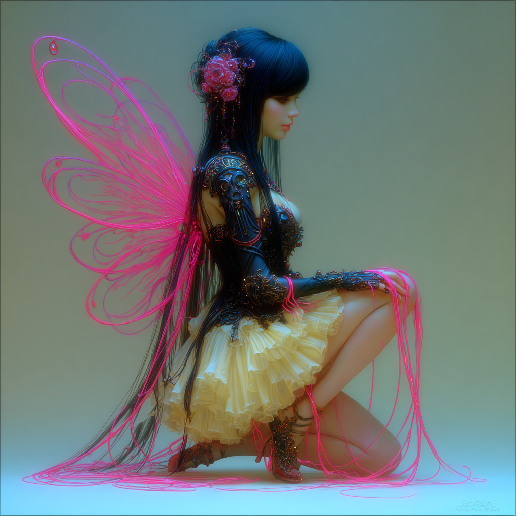A woman with long black hair dressed as a fairy or fantasy character with pink glowing fairy wings, wearing a detailed armor-like top and a yellow ruffled skirt, kneeling on the ground with pink wires or strings draped around her.