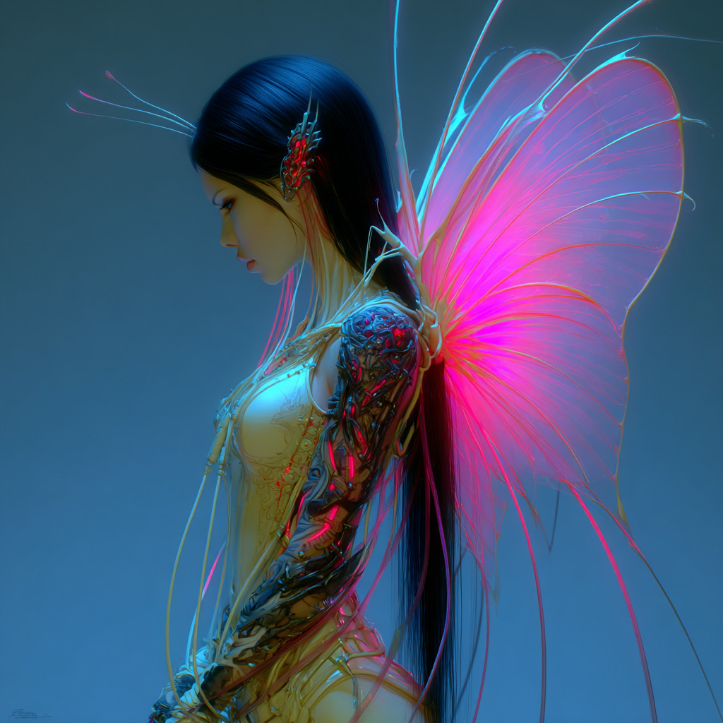 A digital artwork of a woman with butterfly-like glowing pink and blue wings, long black hair, and intricate cybernetic features on her arm and shoulder, set against a dark background.