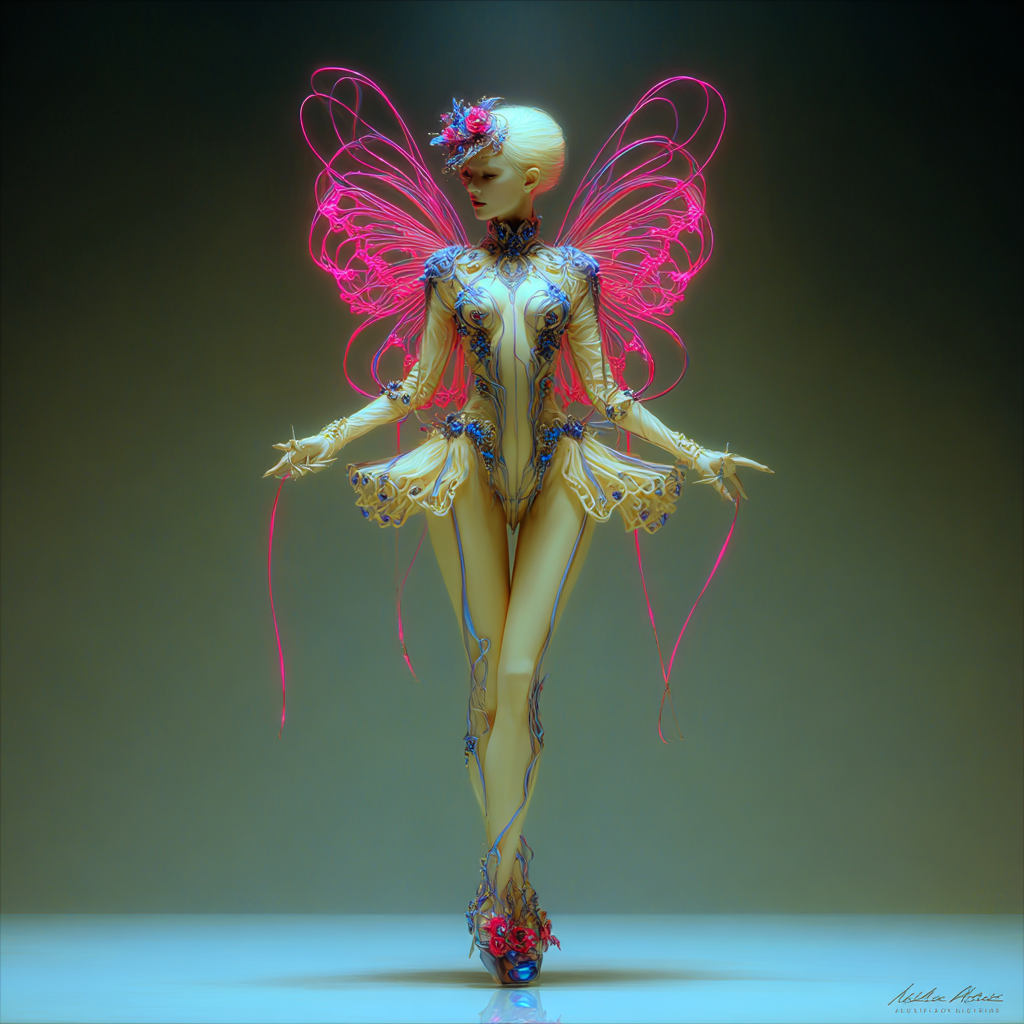 A fashion model dressed as a fairy butterfly with neon pink transparent wings. She is wearing a detailed yellow bodysuit and high heels with red and black accents. She has platinum blonde hair styled in a bun and is wearing a floral headpiece. The background is plain and the lighting emphasizes her costume and features.