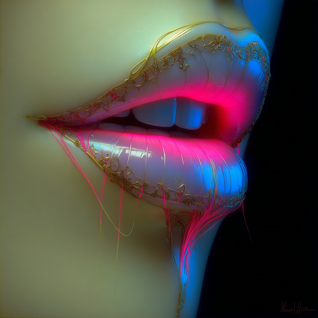 Close-up of lips with glowing pink and blue neon lighting, featuring shiny lips, teeth, and gold-like decorative details.