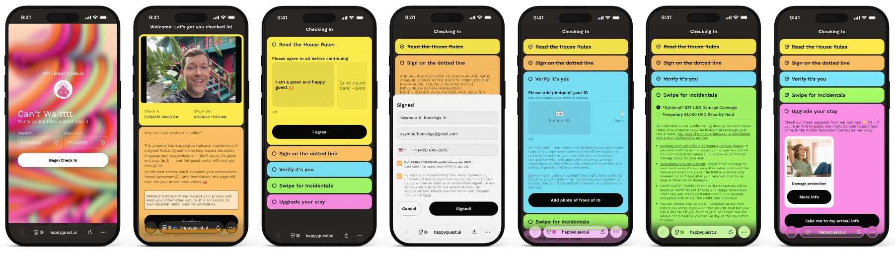 Sequence of six smartphone screens showing a digital check-in process for a vacation rental. The screens display welcome, check-in instructions, house rules, identity verification, ID photo upload, and additional options like damage protection.