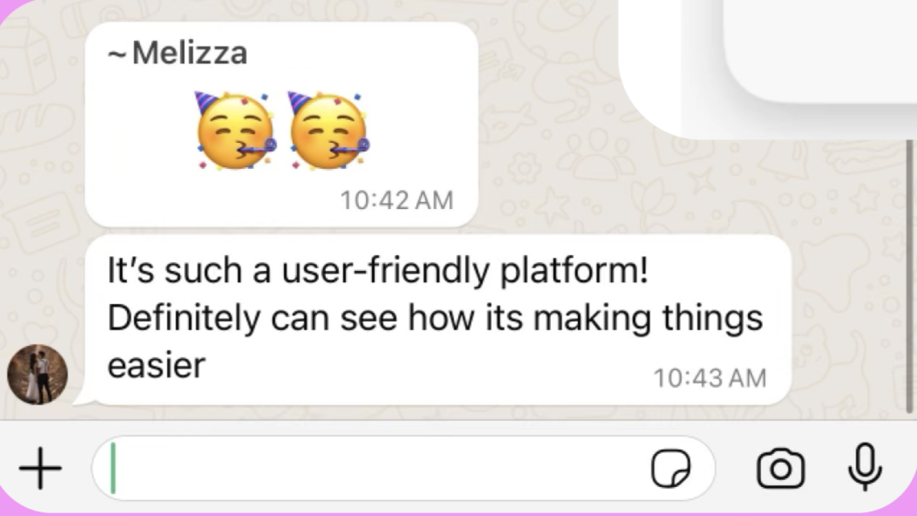 A screenshot of a chat conversation showing a message with party emojis, a message from Melizza praising a user-friendly platform, and a profile picture of a person standing outdoors.