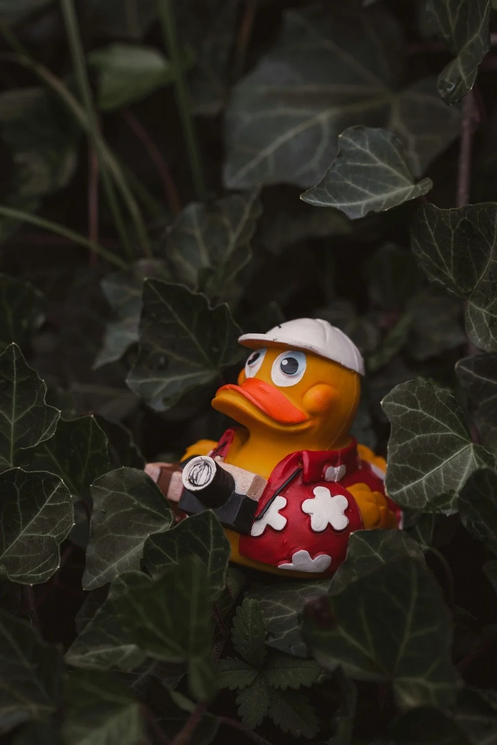 A rubber duck dressed as a hiker with a backpack, hat, and camera, surrounded by dark green ivy leaves.